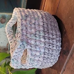 Crocheted Fabric Basket - Gray And Pink-Green Pastels